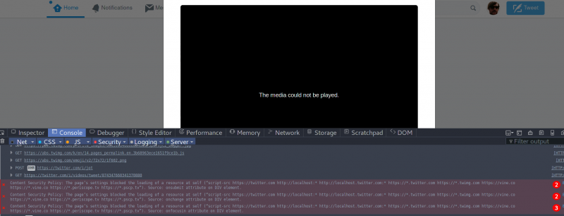 Looks like Twitter messed up their CSP rules for inline vids about two weeks ago, and nobody cares:
