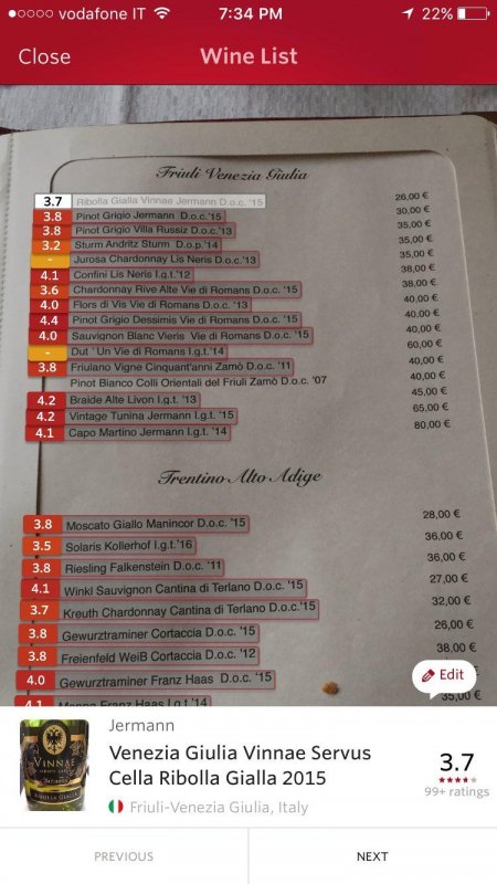 I found Vivino's review scores to be of questionable quality in the past, but this augmented wine-list feature is off the chain: