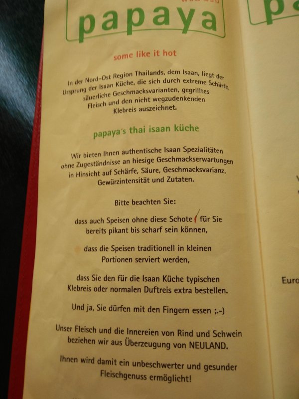 Found a legit Isaan Thai restaurant in Berlin. Their menu comes with this disclaimer:
